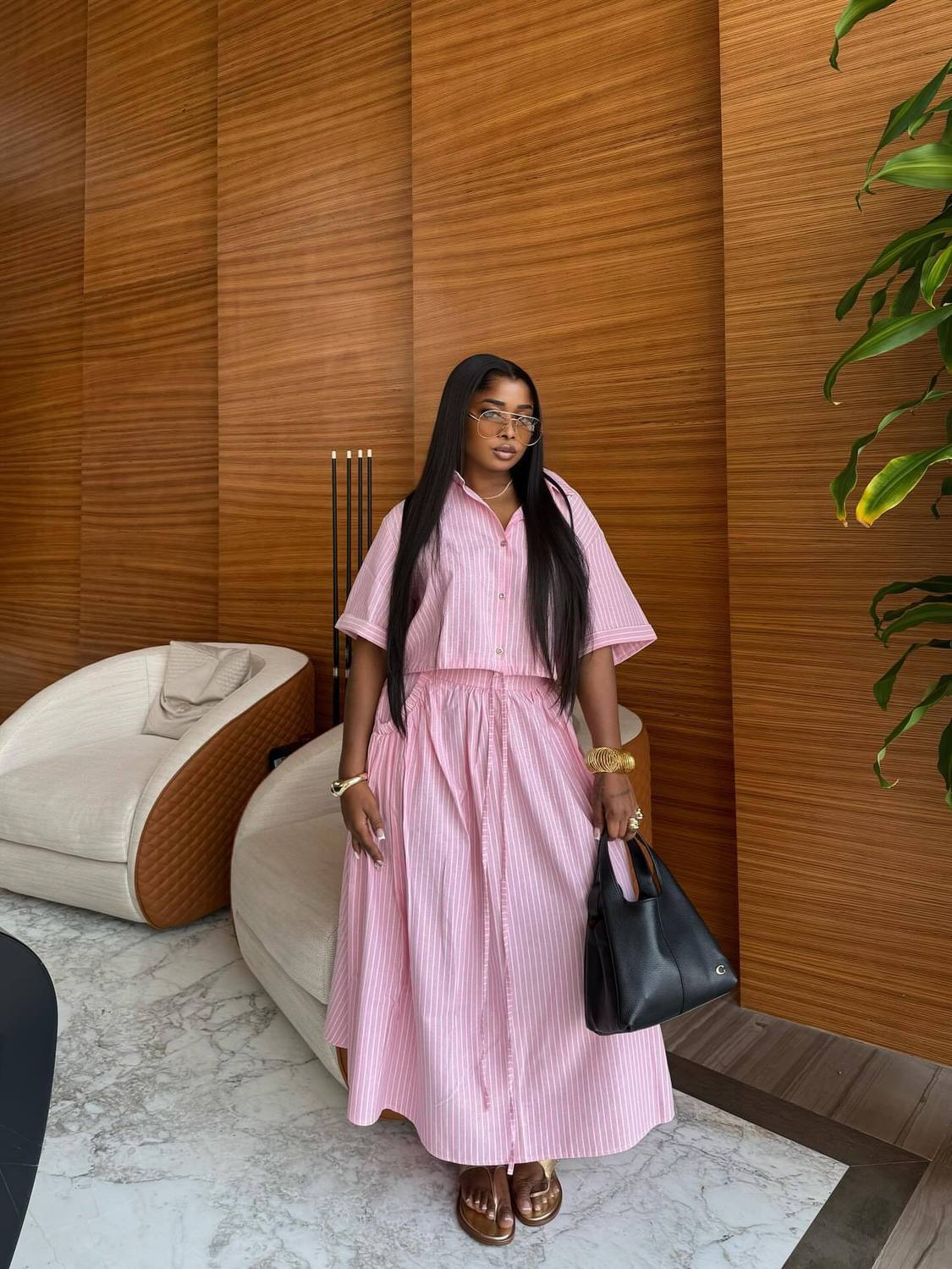 Women's Clothing Women's Style Striped Cardigan Shirt High Waist Slim Fit Tie Up Skirt Two Piece Set Fashion_ecoleips.com