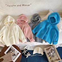 2025秋季新款男女童韩系纯色纽扣连帽针织毛衣