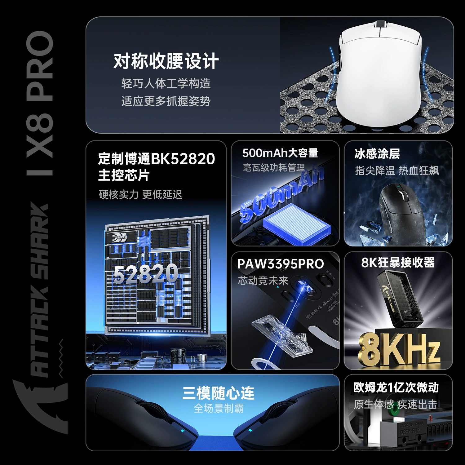 ATTACK SHARK Attack Shark X8PRO Wireless Mouse Lightweight PAW3395 Game Three-Mode Bluetooth 8K