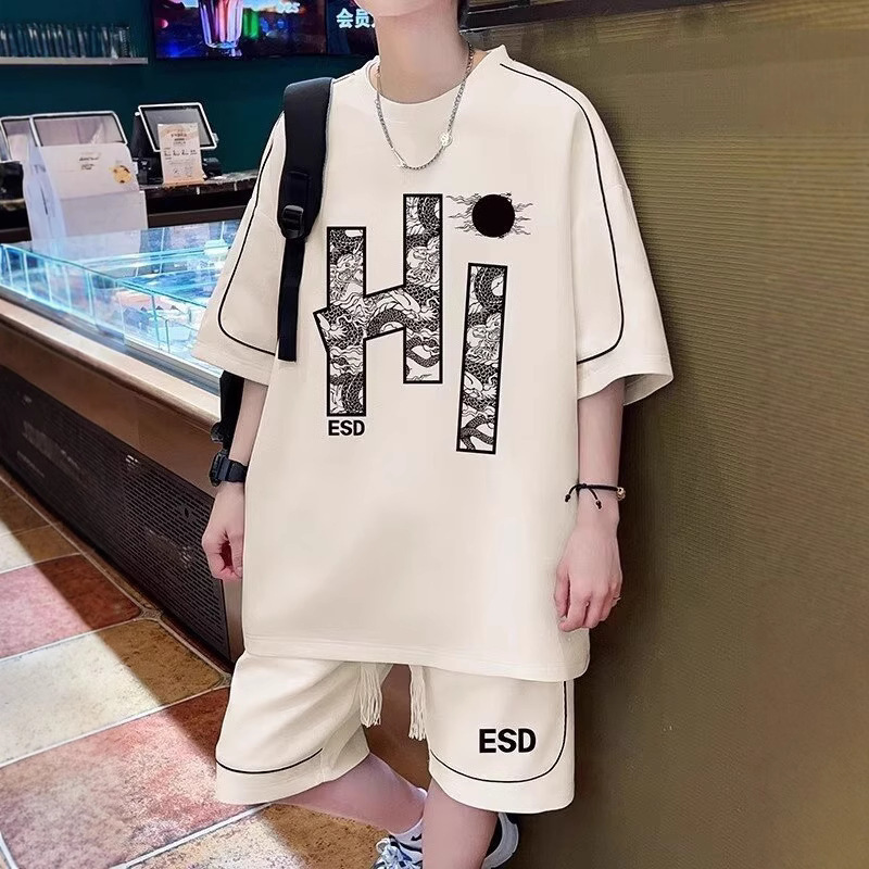 Summer Casual Sports Suit for Men and Teenagers, Fashionable Summer Short-Sleeved Shorts, Junior High School and High School Students, Large Size Men's Clothing