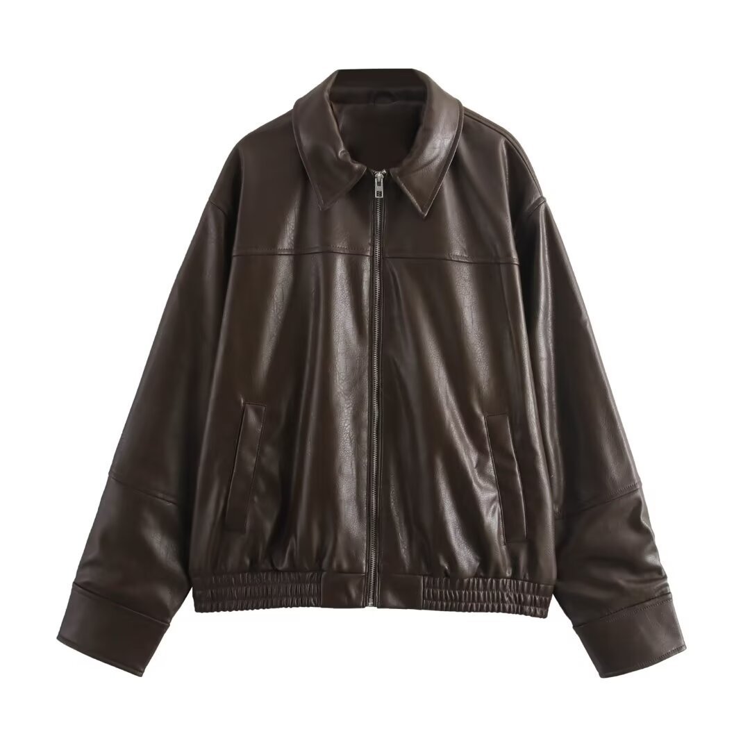 Women s clothing autumn and winter new street fashion textured leather jacket_voghion.com