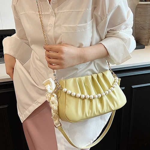 Light luxury ribbon armpit handbag 2024 new Korean style niche pleated shoulder bag for women fresh temperament beaded bag