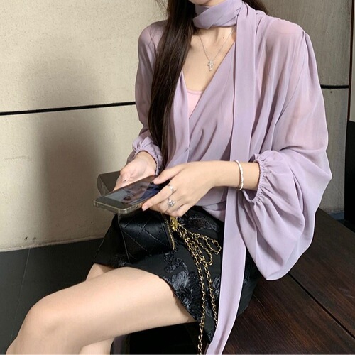Purple Cross V-Neck Long-Sleeve Shirt + Slip Dress 2025 Spring Black Short Skirt Korean Style Fashion Set