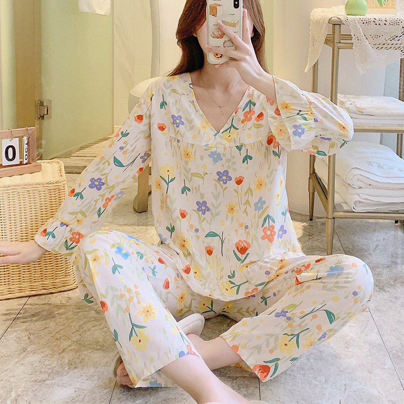 Women's cotton silk pajamas V-neck cotton silk long sleeve thin cotton silk suit mom wear artificial cotton air conditioning home wear sweat-absorbent