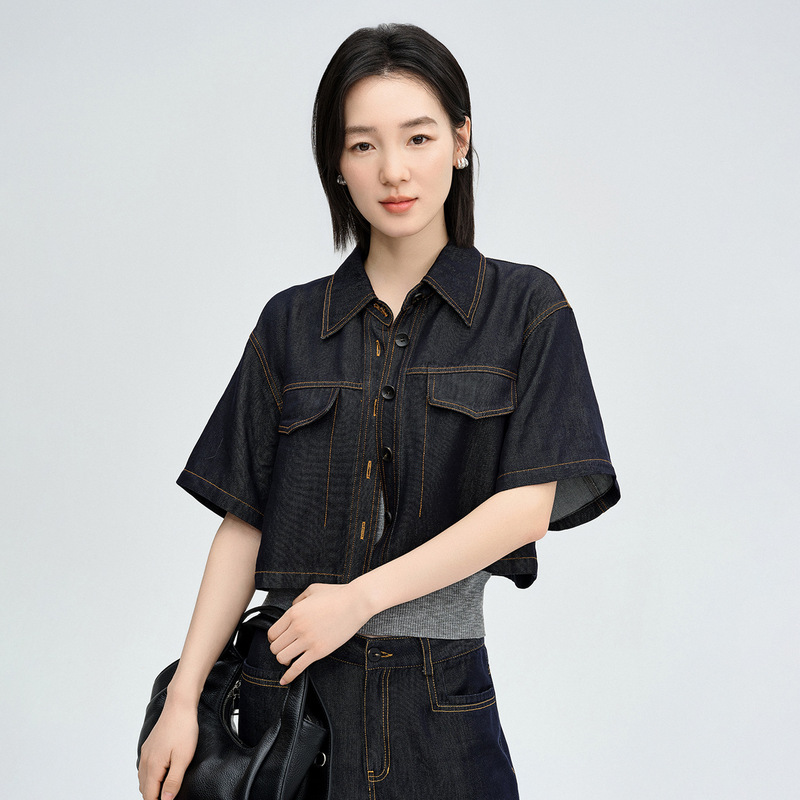 Hong Kong Style Retro Denim Short-Sleeve Jacket for Women, Size 26, New Summer Model, Loose Fit, Versatile, Petite, Turn-Down Collar, Tencel Short Jacket
