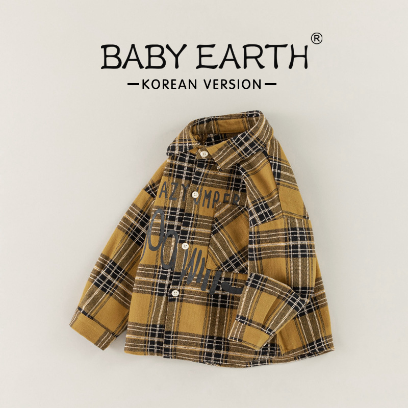 Boys' shirt autumn baby Korean plaid shirt children's long sleeved letter top autumn children's striped shirt trend