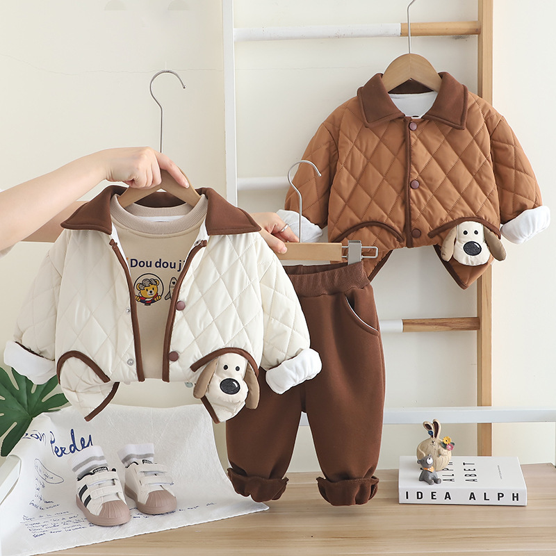 男童套装秋冬2025新款宝宝加绒外套三件套儿童冬装婴幼童装潮代发