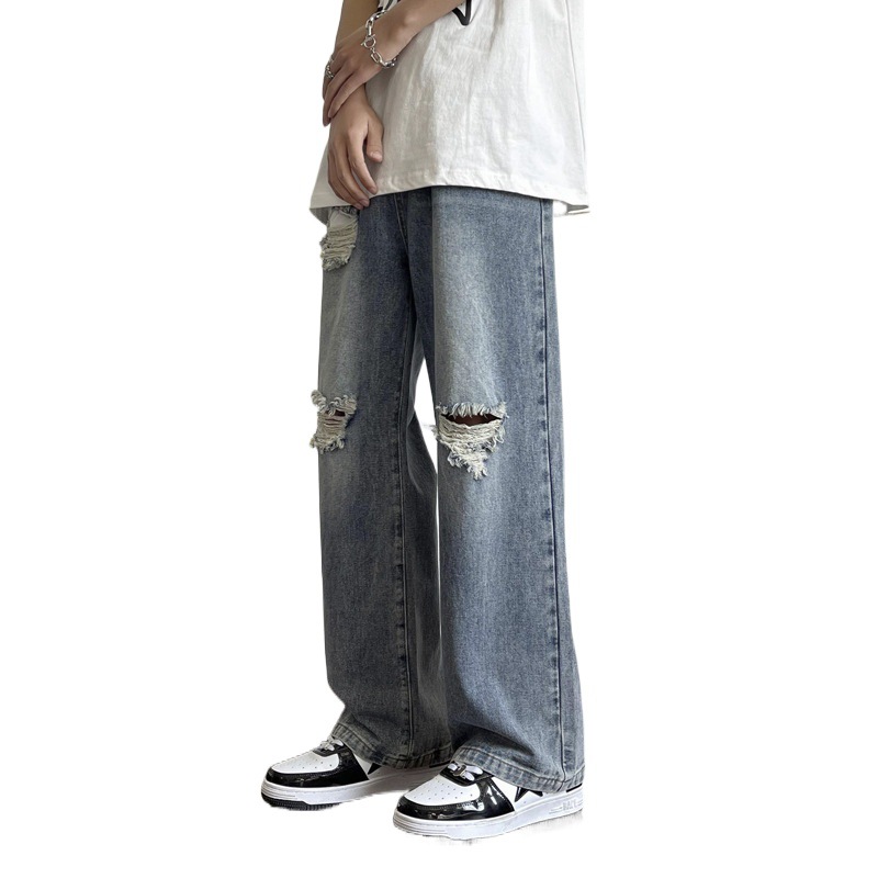 Ripped Jeans Men's Summer American Style Retro Fashion Brand Straight Leg Wide Leg Pants High Street Puppies Handsome Casual Pants