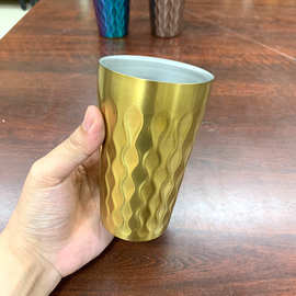韩式304不锈钢水杯双层锤纹加厚隔热啤酒杯餐厅茶杯咖啡杯水果杯