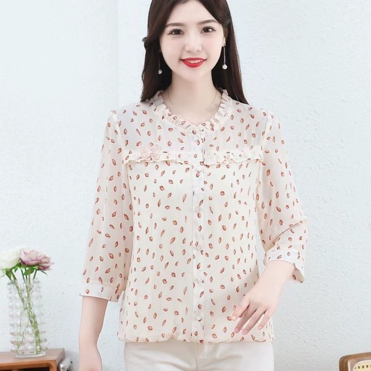 Мама платье 2025 рубашка весна и осень новый средний и пожилой женщины свободный топ для пожилых людей рубашка с принтом моды