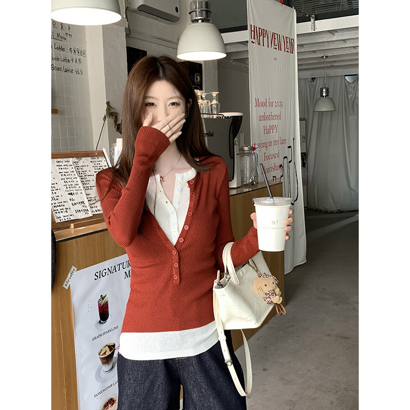 JWUNIQUE红色V领长袖假两件针织衫女2025年早春新款修身显瘦上衣|undefined