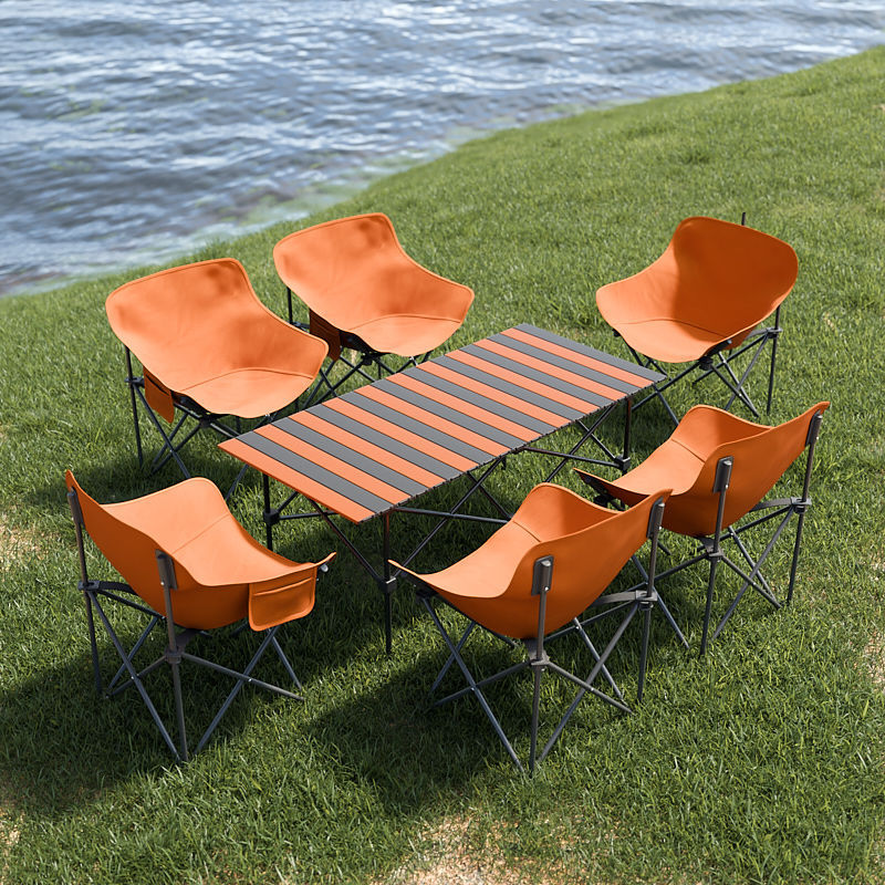 2025 업그레이드 강화모델 + 휴대용 수납벨트 - 블랙과 오렌지 조합 [120*55*50cm 긴 테이블] + 오렌지 의자 6개