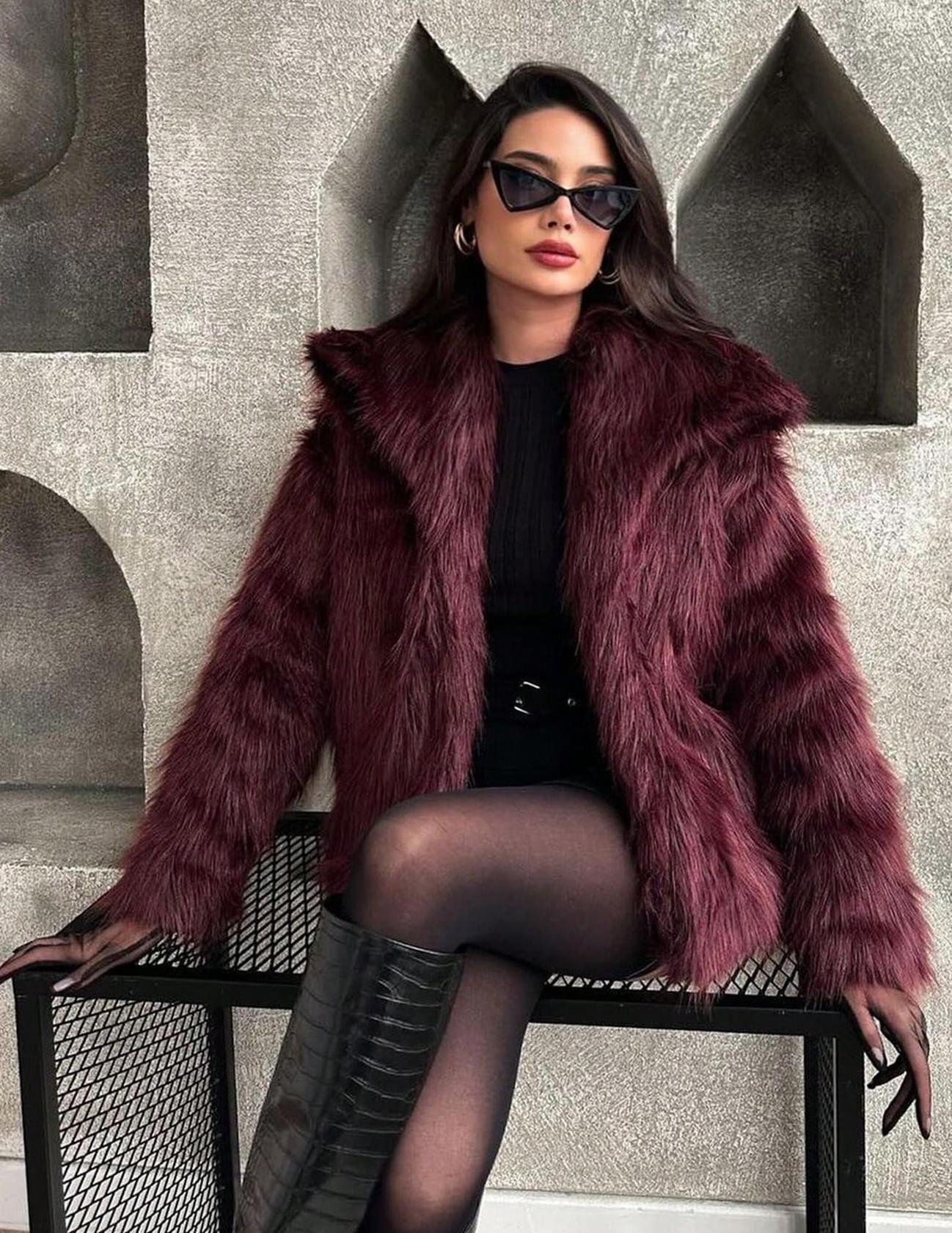 1743g Weight Faux Fur Coat Outerwear Type Long Sleeve Sleeve Length Polyester Fabric Type Regular Top Length Coat Tops Type Daily Occasion Turndown Neckline Loose Fit Type Solid Color Pattern Winter, Spring, Autumn Season Women's Gender Elegant Style Wine Red Color Women's Elegant Solid Color Coat Faux Fur Coat 无