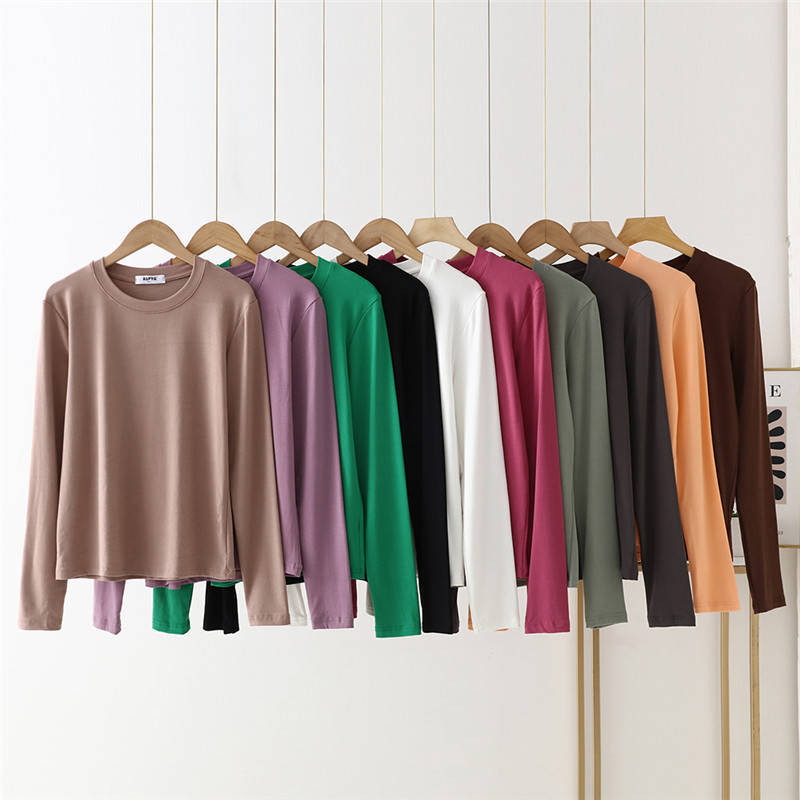 Autumn round neck cotton T-shirt women's all-match slim fit slimming simple seamless inner wear warm long sleeve top solid color plus size Autumn round neck cotton T-shirt women's all-match slim fit slimming simple seamless inner wear warm long sleeve top solid color plus size