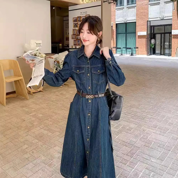 Demi-season long denim dress