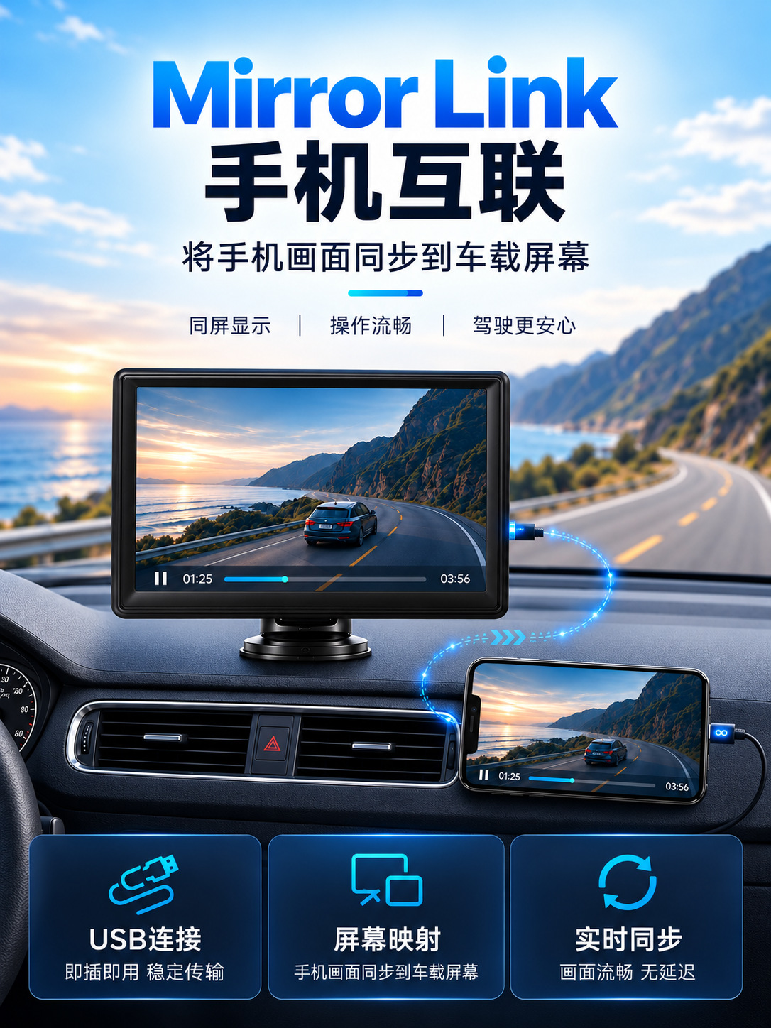 7inch Portable MP5 Wireless CarPlay Android Auto Mobile Phone Screen Mirroring Bluetooth Car Display