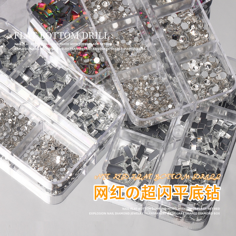 Nueva celebridad en Línea 6 rejilla uñas diamante plano Super Flash mezclado especial-en forma de diamante cuadrado decoración de uñas rhinestone color mágico champán