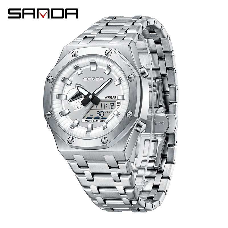SANDA reloj electrónico popular correa de acero Luz de elevación manual reloj despertador multifuncional de moda para hombres frescos 3357