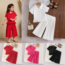 2025新款夏季欧美女婴童女小童短袖衬衫+百褶长裤阔腿裤时尚套装