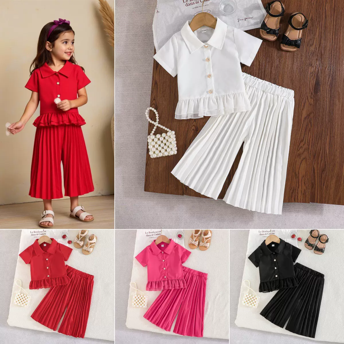 2025新款夏季欧美女婴童女小童短袖衬衫+百褶长裤阔腿裤时尚套装