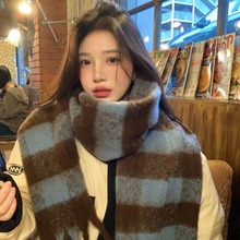 网红加厚格子围巾女冬季时尚百搭马海毛大版围脖披肩男