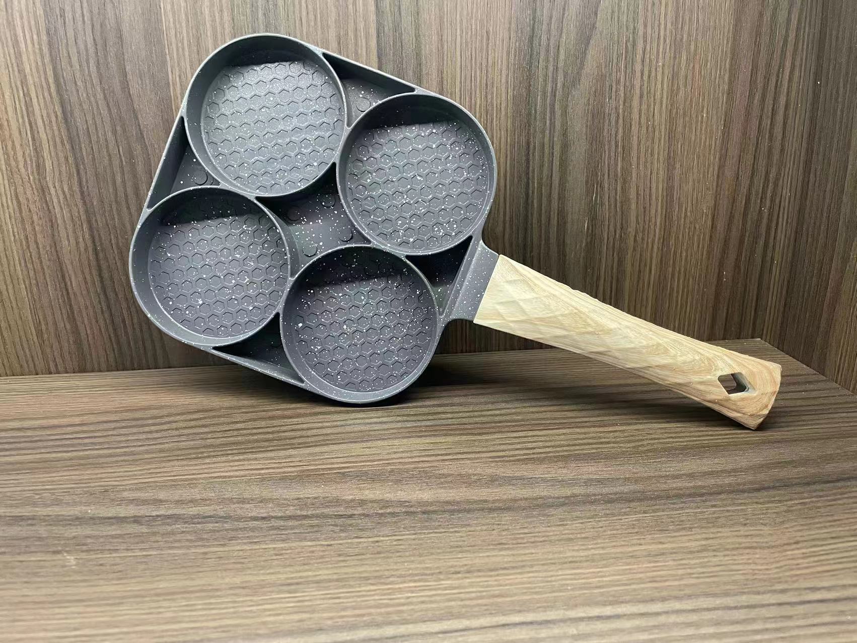 Sartén para huevos de cuatro orificios con mango grande de doble fondo de 18cm/19cm, sartén plana antiadherente para huevos, bola de masa, hamburguesa para desayuno