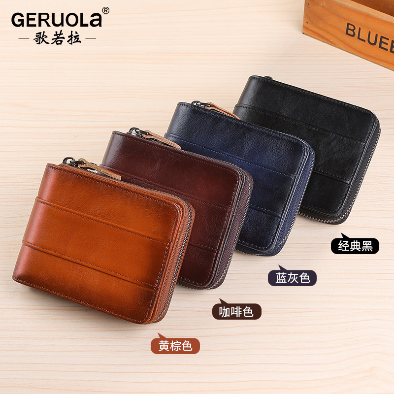 Cartera corta para hombre, piel de vaca de cuero, billetera genuina, bolso de tarjeta, bolso de tarjeta de identificación, nuevo producto transfronterizo, sentido avanzado, cremallera, dinero