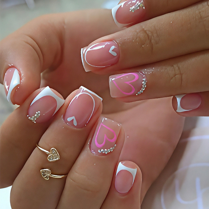 Cross-Border New Valentine's Day Sweet and Cool White French-Style White Heart 3D Rhinestone Silver Bead Design Pink Love Wearable Nails