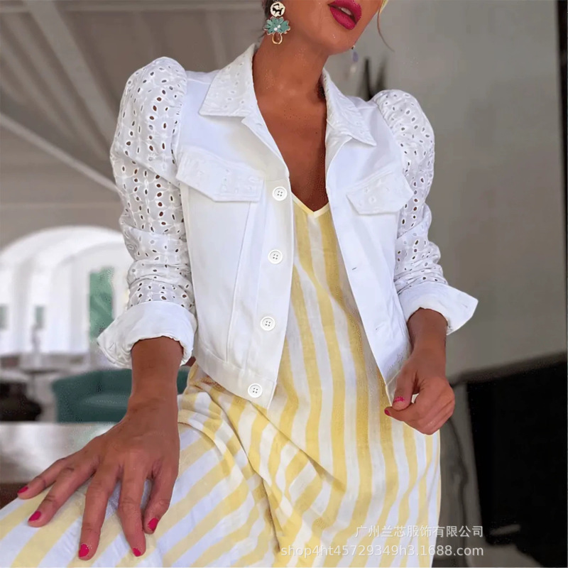 European and American Style White Short Jacket with Puff Sleeves and Hollowed-Out Lapel, Elegant Ladylike Style Women's Top