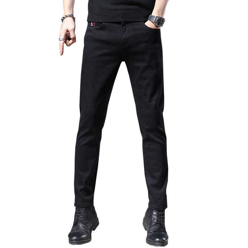 Autumn and winter men's casual jeans Korean version trendy stretch washed slim fit black straight tube with thick velvet_voghion.com