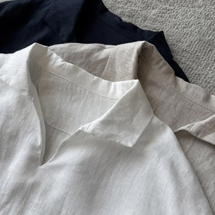 Pure White Tencel Linen Long-Sleeved Shirt for Men in Summer, Lazy Style and Relaxed Style, Loose V-Neck Sun Protection Shirt