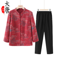 中老年人秋季套装女奶奶衣服2025新款长袖中式印花衬衫妈妈薄外套