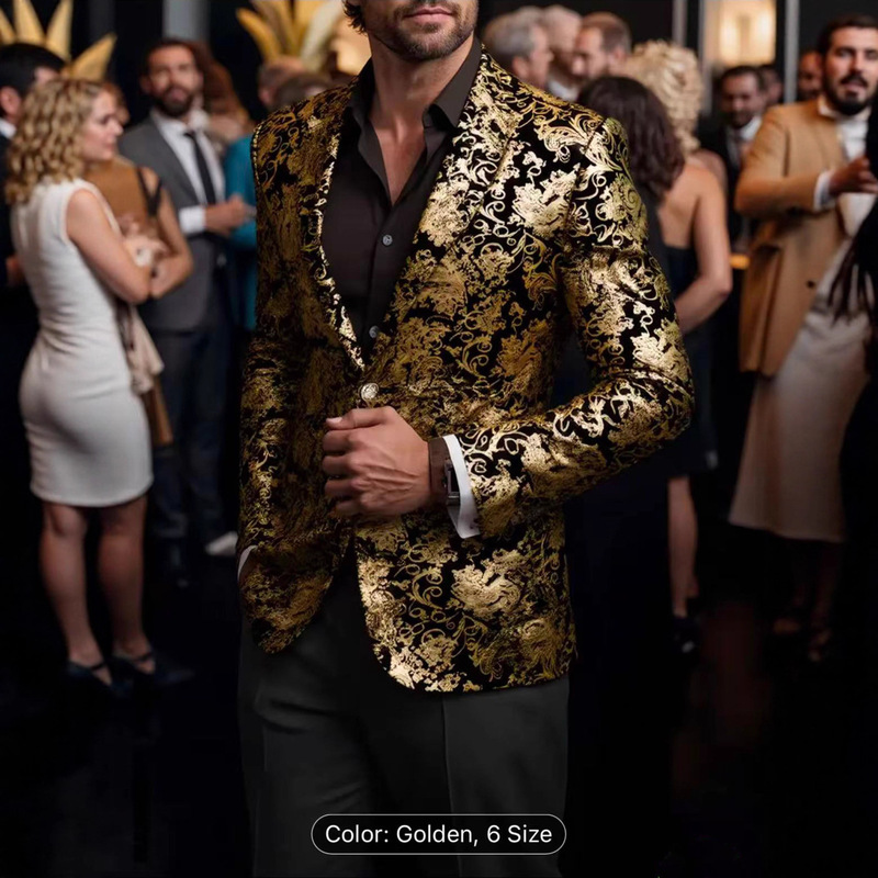 2026 Autumn/Winter Foreign Trade Men's Suits with Gold Foil Print, Fashionable Plus Size Printed Cross-Border Formal Wear