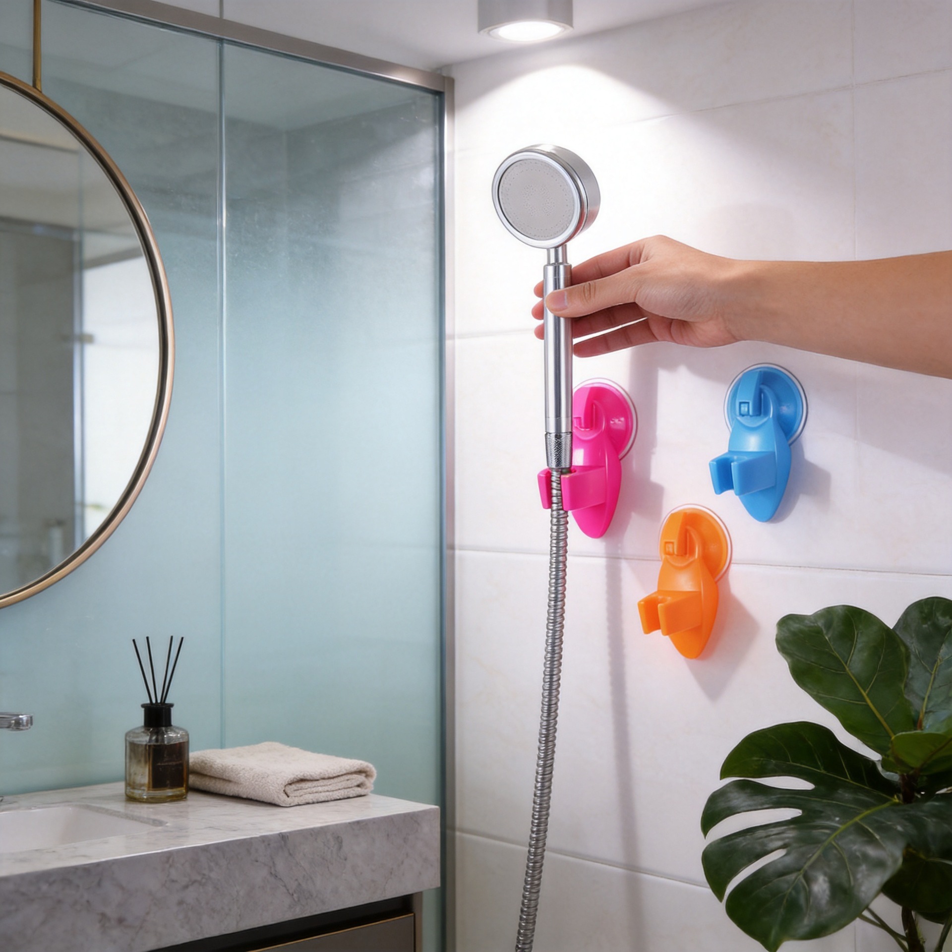 Soporte para cabezal de ducha con ventosa sin taladro para el hogar, colgador de plástico para cabezal de ducha de baño, soporte ajustable para base de ducha. image 3