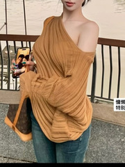 韩系慵懒斜肩毛衣女秋不规则设计垂感宽松毛织上衣