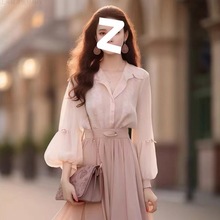 早秋穿搭新款小香风衬衫套装洋气时尚时髦气质粉色长裙两件套2024