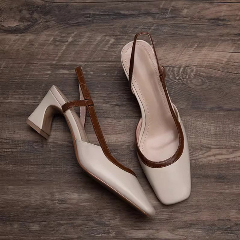 Chunky Heel Square Toe Brown Closed-Toe Sandals for Women 2026 Summer Shallow Mouth European and American Style Backless High Heel Sandals Trendy for Women