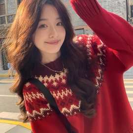 费尔岛毛衣女2025冬季新款小个子显瘦气质复古圆领加厚针织衫上衣