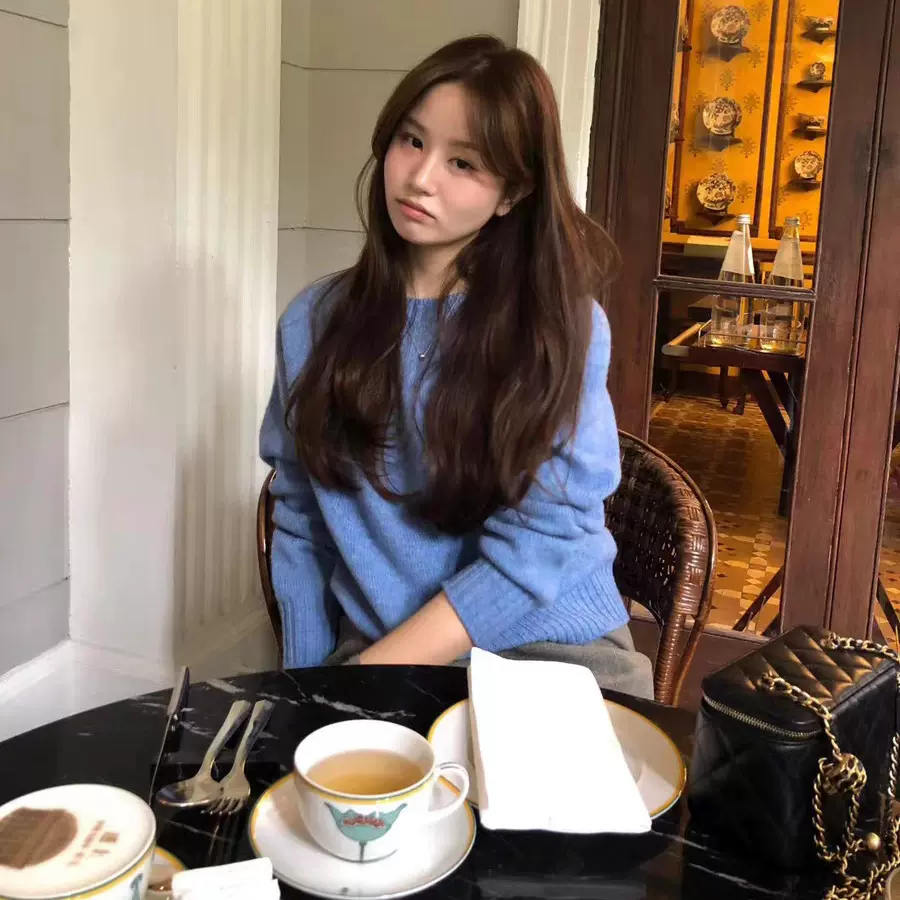 现货 2025冬季新韩国东大门OU*CE宽松简约纯色显瘦圆领针织毛衣女