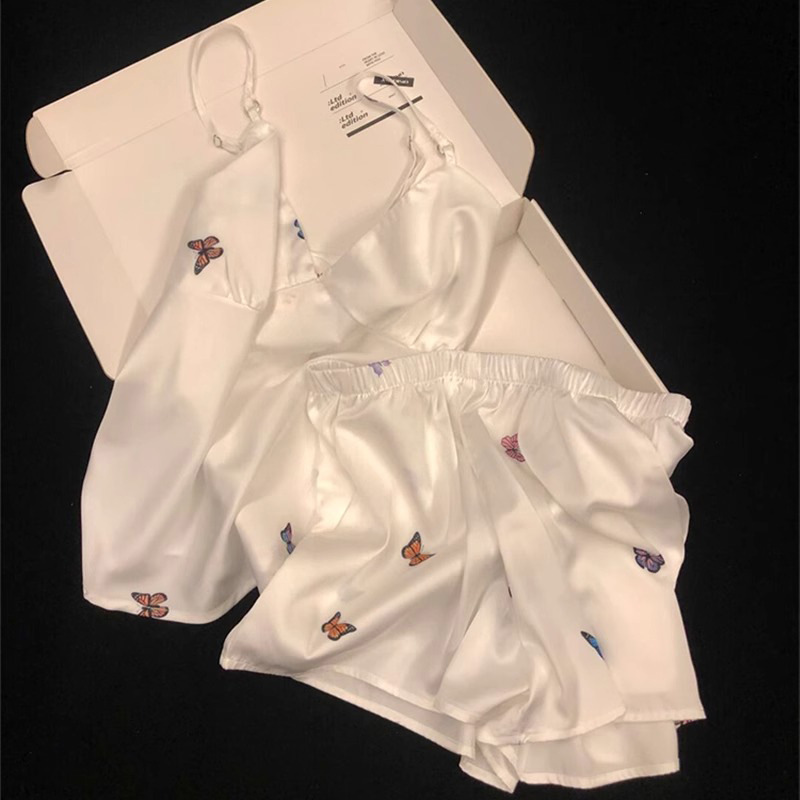 Pure Desire Sexy Sling Pajamas Women's Summer Ice Silk 2025 New Sweet Butterfly Girl's Nightdress Spring and Autumn suit