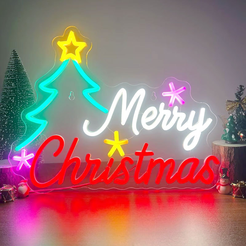 Merry Christmas Neon Lights, Flashing LED Wall Light with Christmas Tree, USB Powered, with Dimmable Switch