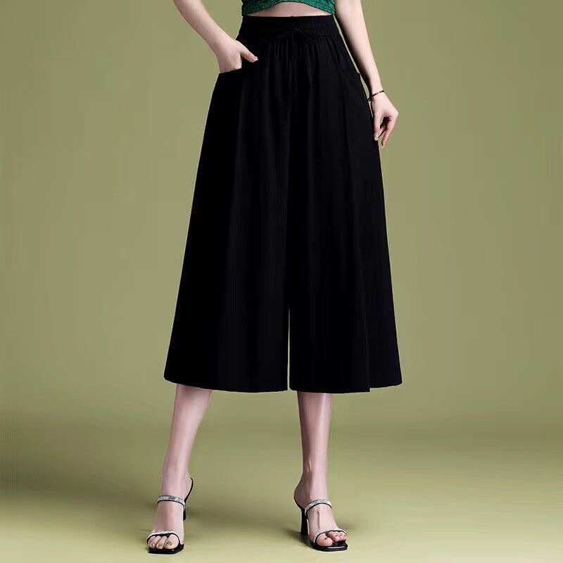 Ice Silk 2025 New Summer Thin Culottes Women's Casual Slimming Look Draped Three-Point High-Waisted Loose Wide-Leg Culottes