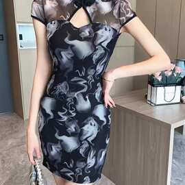 小个子甜辣妹新中式改良少女镂空网纱拼接旗袍修身纯欲风连衣裙夏