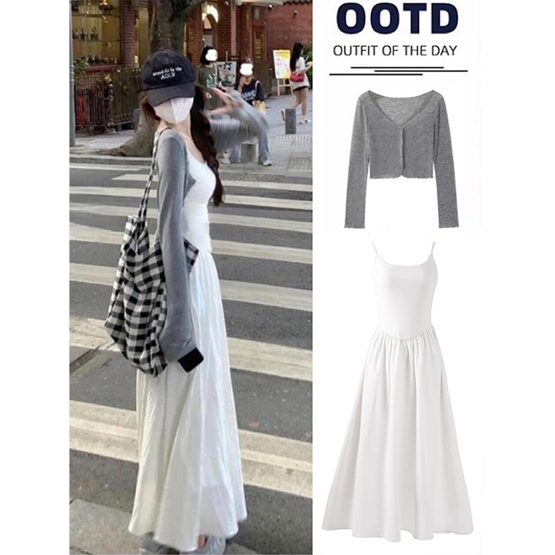 Gray Sun-Protective Cardigan for Women, Summer Thin Jacket Paired with a Slip Dress and Cardigan Two-Piece Set, Outerwear Top