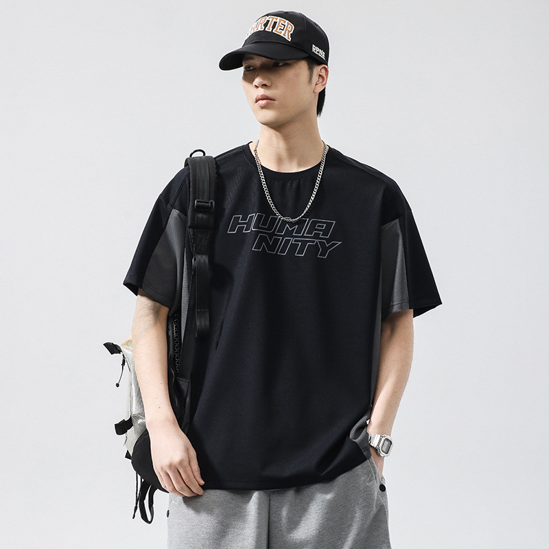 Men's Summer New Product Ice Feeling Quick Drying Short sleeved T-shirt Simple and Loose Spliced Contrast Color Top_voghion.com