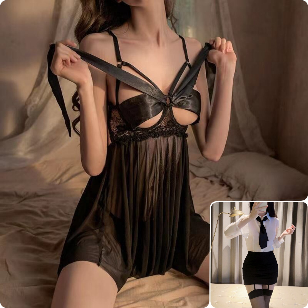 블랙 [레이스업 나이트가운+속옷] + 시스루 비서복 [양말포함]