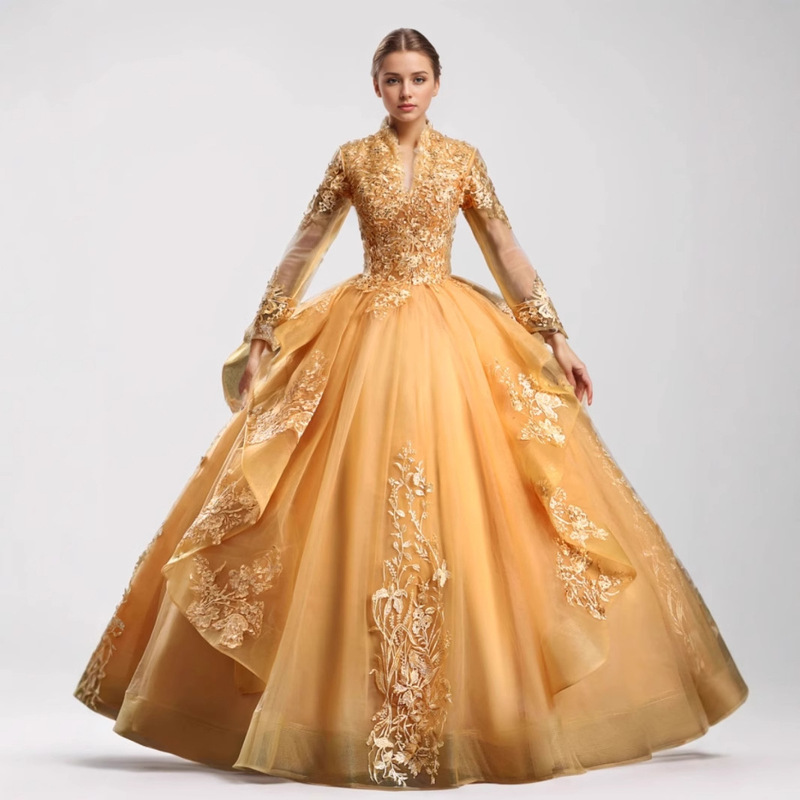 Performance Costume Solo V-Neck High-End New Style Colorful Yarn Vocal Music Art Exam Tutu Skirt Host Dress Women's Retro