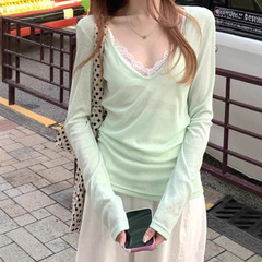 ミントのマンボ風の緑のvネックの長袖のtシャツの女性の春秋の雰囲気感は重ねて怠惰なカジュアルな気質の日焼け止めの上着を着ます。