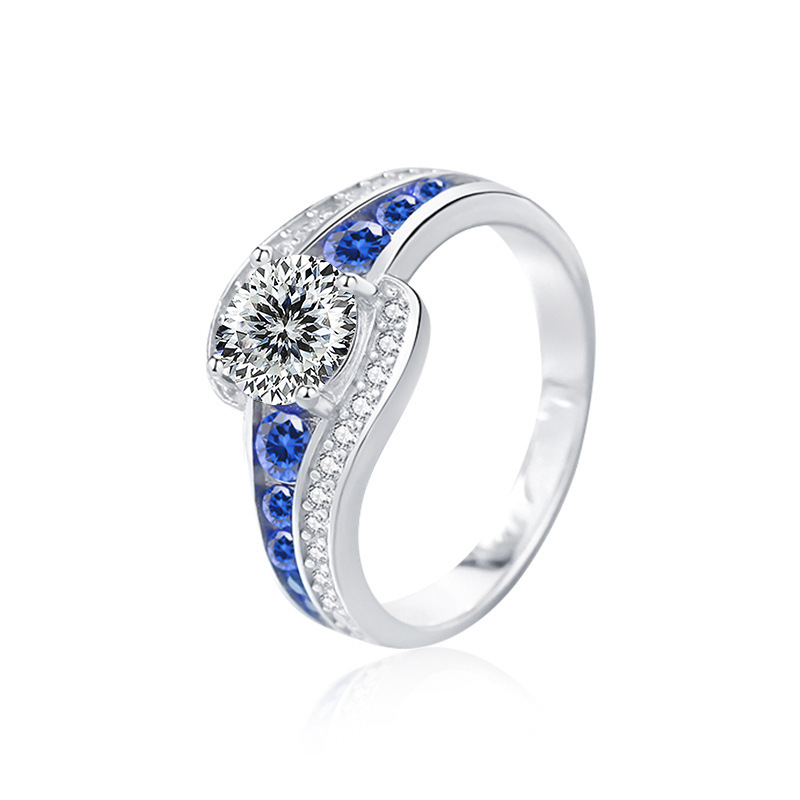 Anillo de diamante de Mosan mujer s925 plata esterlina cruzada joyería de lujo ligera europea y americana anillo de zircón azul incrustado