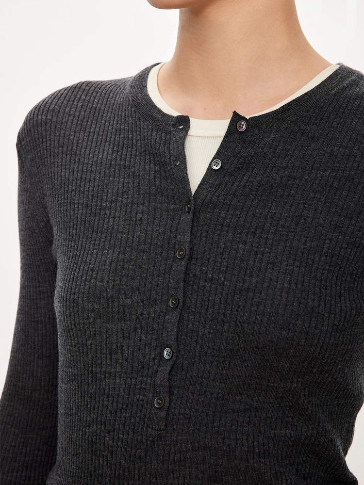 亨利领 时髦感扬子纱半开襟圆领长袖毛衣单排扣打底衫秋冬新款 2